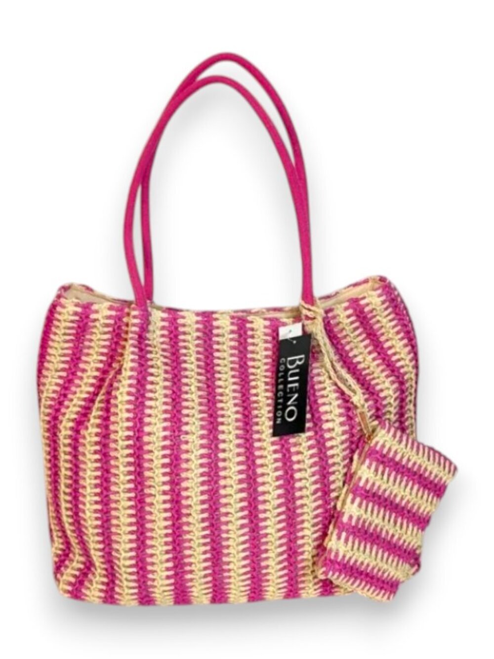 Bueno Pink and Cream Straw Tote With Coin Pouch NWT